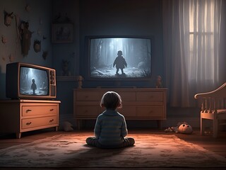 Kind sitzt allein im Zimmer und schaut einen Horrorfilm weil es falsch erzogenwurde