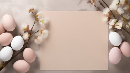 Neutral-toned Easter card mockup surrounded by pastel eggs and soft cherry blossoms.