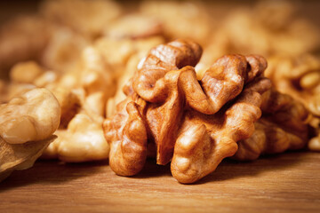 Close-up of a peeled walnut kernel. Macro shot. Low angle view.