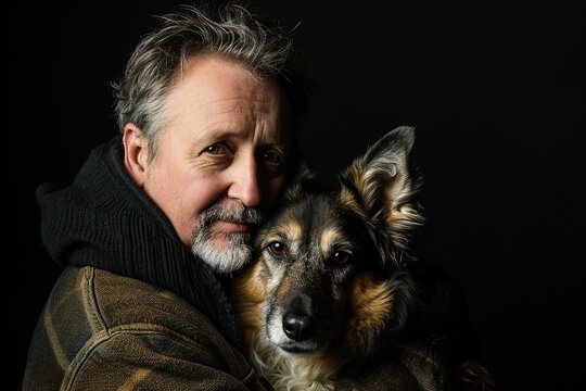 Portrait Of A Caucasian Man With Gray Hair In His 60s Hugging His Dog, A German Shepherd, Both Looking At Camera, Studio Photography With Dark Background