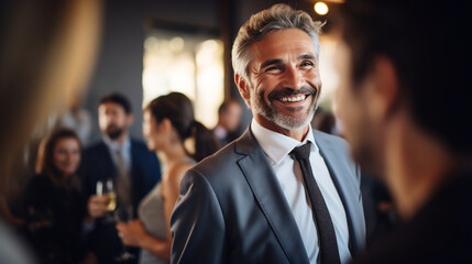 Confident Mature Businessman with a Charming Smile Holding Wine Glass at Formal Networking Event. Corporate Leadership Concept