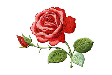 Embroidery red rose with green leaves isolated on a Transparent background. Generative AI