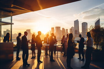 Elegant Evening Networking Event on Rooftop Terrace with City Skyline at Sunset, Corporate Social Gathering Concept