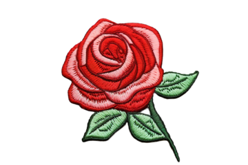 Embroidery red rose with green leaves isolated on a Transparent background. Generative AI