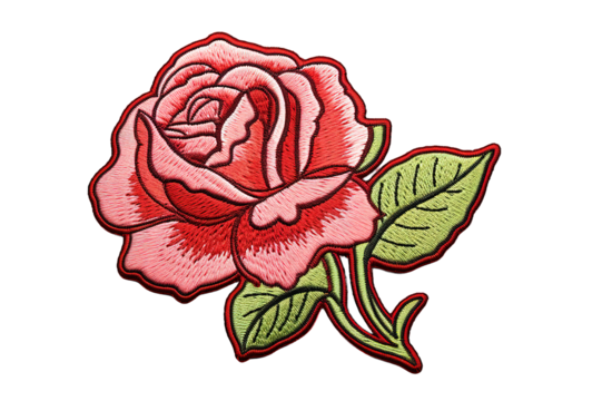 Embroidery red rose with green leaves isolated on a Transparent background. Generative AI