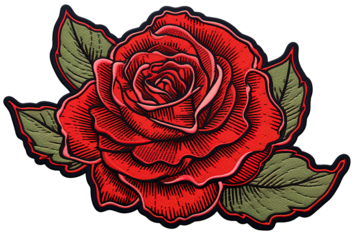 Embroidery red rose with green leaves isolated on a Transparent background. Generative AI