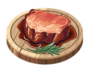 Juicy meat steak with rosemary on wooden board. Roast meat, grill food, barbecue. Vector illustration in eps 10. Suitable for menu, recipe and cookbook 