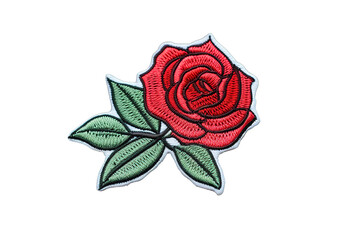 Embroidery red rose with green leaves isolated on a Transparent background. Generative AI