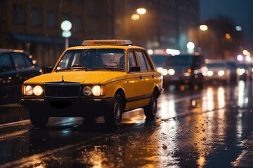 yellow retro Taxi car passing by night Road