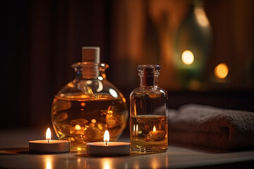 Spa treatments with aromatic oils in glass bottles