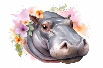 Watercolor paint illustration of hippopotamus face in flowers