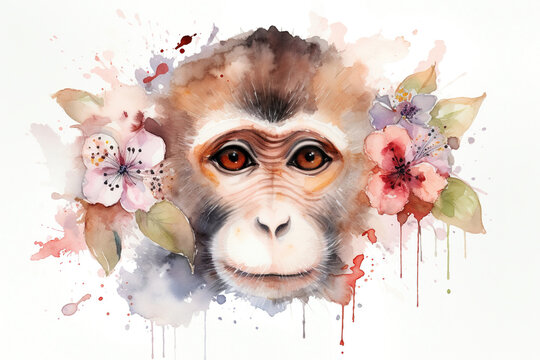 Watercolor paint illustration of baby macaca monkey face in flowers on white