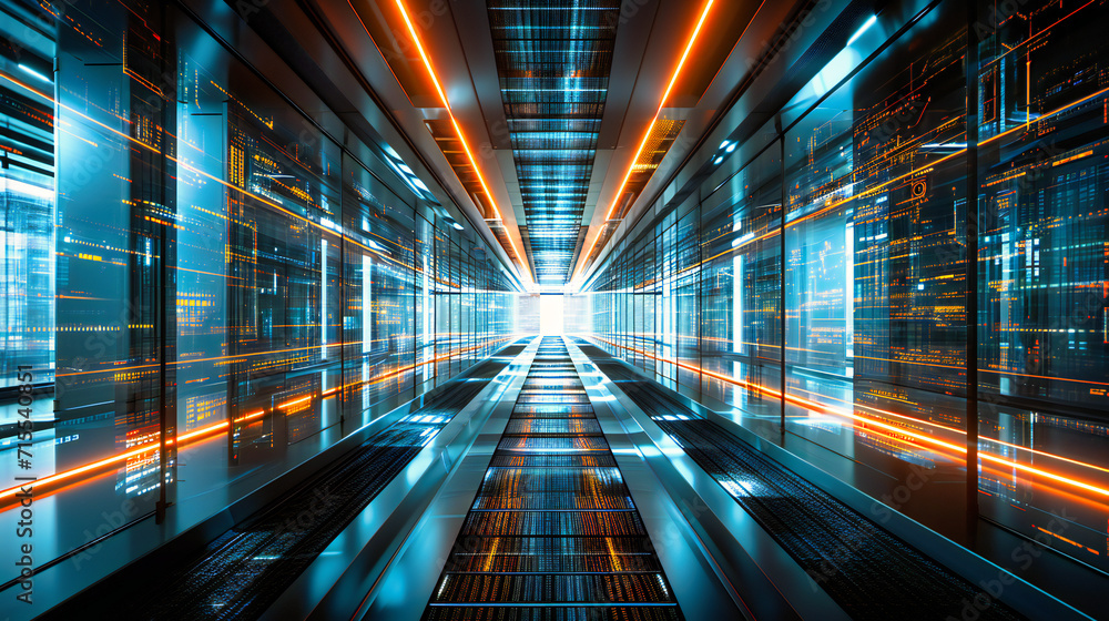 Poster data center connectivity: interior of a data center with servers and networking equipment, showcasin