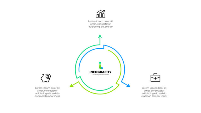 Outline abstract diagram divided into 3 elements. Design concept of three steps or parts of business cycle. Infographic design template