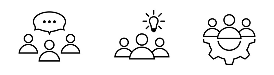 Discussion, idea and teamwork line icon set in flat. Talking people, creative and leadership symbols on white. Simple abstract business icons. Vector illustration for graphic design, web, mobile, ui.