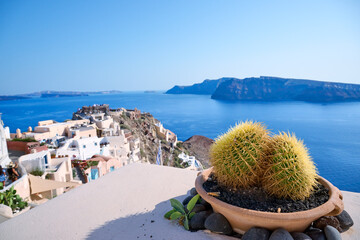 View from Oia towards the island of Thirasia, an island in the volcanic island group of Santorini...