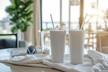 Closeup of 2 matte white color 30oz extra tall tumblers product mockup on a towel - obrazy, fototapety, plakaty