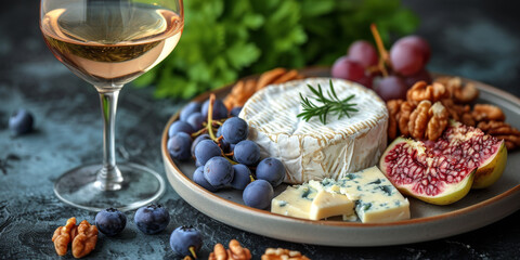 Wein, Käse und Nüsse auf dem Teller