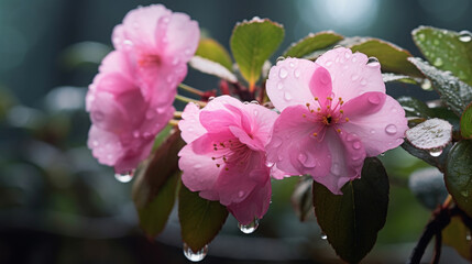 Vivid pink cherry blossoms drenched in raindrops, offering a refreshing and colorful display of spring flora.