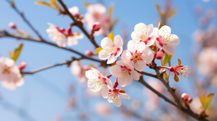 Obraz premium Close-up view of vibrant cherry blossoms with delicate pink petals against a clear blue sky in spring.