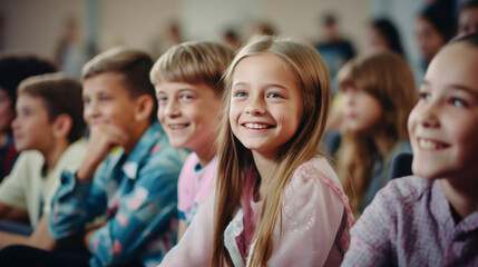 Obraz premium Happy children smiling and enjoying a school assembly, capturing the innocence and joy of childhood.