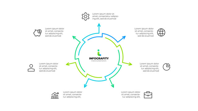 Outline abstract diagram divided into 7 elements. Design concept of seven steps or parts of business cycle. Infographic design template