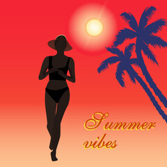 woman on the beach with palm-trees