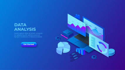 Data analysis design concept with laptop and charts. Dark isometric vector illustration