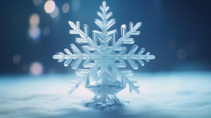 A delicate crystal snowflake centerpiece stands out against a snowy and bokeh light background, symbolizing winter.