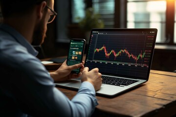 Investor using mobile phone and laptop checking trade market data. Stock trader broker looking at computer analyzing trading - obrazy, fototapety, plakaty