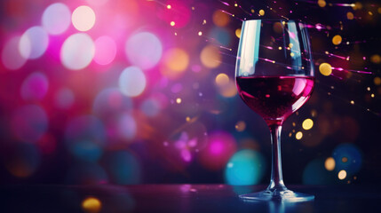 A glass of red wine set against a backdrop of colorful bokeh lights, capturing a festive atmosphere.