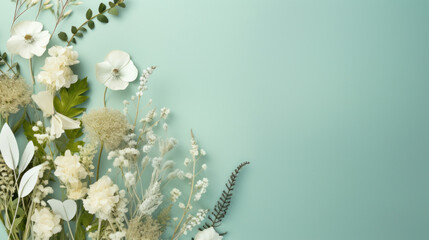 A sophisticated arrangement of white flowers and foliage creating a serene and elegant botanical composition on a turquoise backdrop.