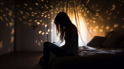 silhouette of woman sitting on the bed beside the windows with sunlight in the morning - obrazy, fototapety, plakaty