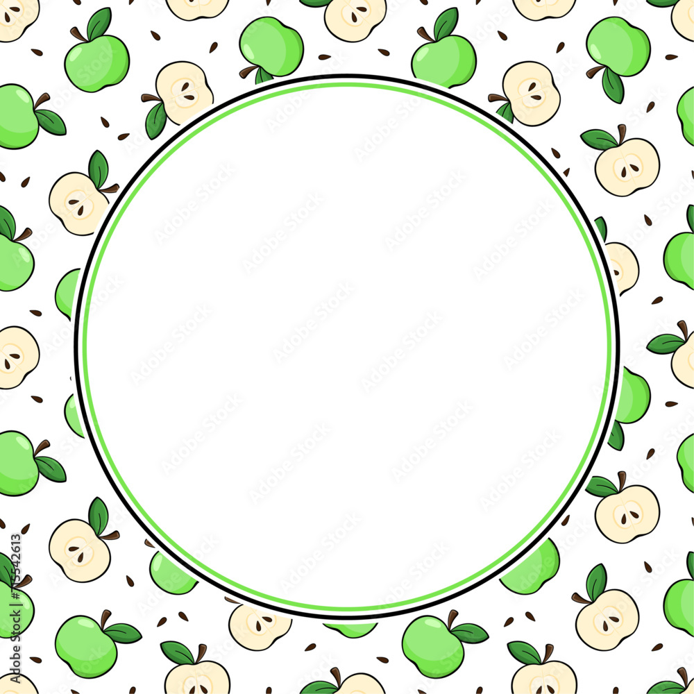 Wall mural Vector round frame with copy space. Green apples, cut slices and seeds on white background. 