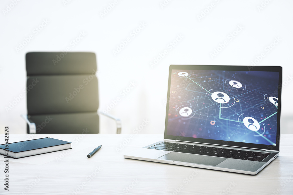 Poster modern computer monitor with social network icons concept. marketing and promotion concept. 3d rende