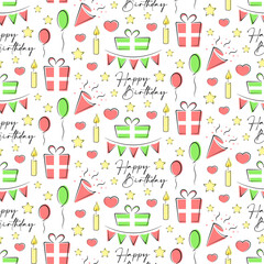 Hand drawn doodle gift boxes, stars, hearts and air balloons. Happy birthday vector seamless pattern.