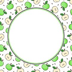 Vector round frame with copy space. Green apples, cut slices and seeds on white background. 