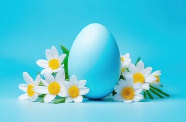 A large blue egg on a blue background in the center with white flowers. Holiday concept, Easter, florist