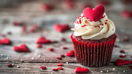 Cupcake Red velvet with white whipped cream and a heart shaped decoration on on wooden tabletop, Closeup, Valentines day concept - Powered by Adobe