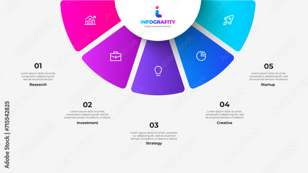 Poster semicircle pie chart divided into 5 parts. concept of five features of startup project to select