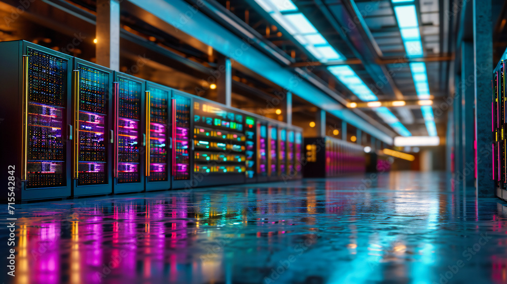 Poster modern server room: a futuristic server room with rows of racks and technology, representing the bac