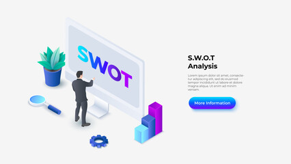 Isometric SWOT illustration with monitor, man and chart. Strength, weakness, opportunity and threat typography design © abert84