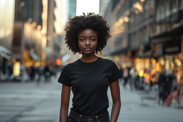 African American woman model with an afro hairstyle - black t-shirt mockup - blurred urban city background - obrazy, fototapety, plakaty