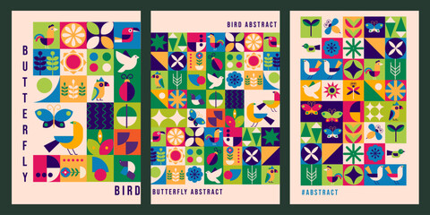 Geometric modern  poster. Abstract birds butterflies.  Bauhaus