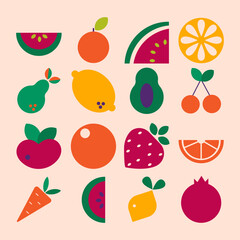 Geometric modern Abstract vegetables fruits in flat minimalist style.  Bauhaus