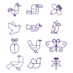 Geometric modern Abstract birds butterflies outline. Bauhaus