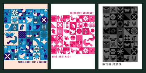 Geometric modern silhouette poster. Abstract birds butterflies.  Bauhaus