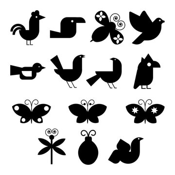 Geometric modern Abstract birds butterflies silhouette.  Bauhaus