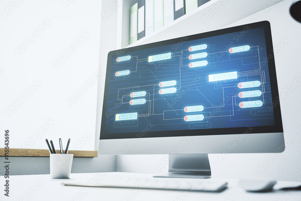 Poster Modern computer screen with abstract graphic coding sketch, big data and networking concept. 3D Rendering
