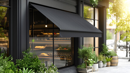 Fototapeta premium City Commerce: Black Awning Blank Showcase in Summer. Generative AI